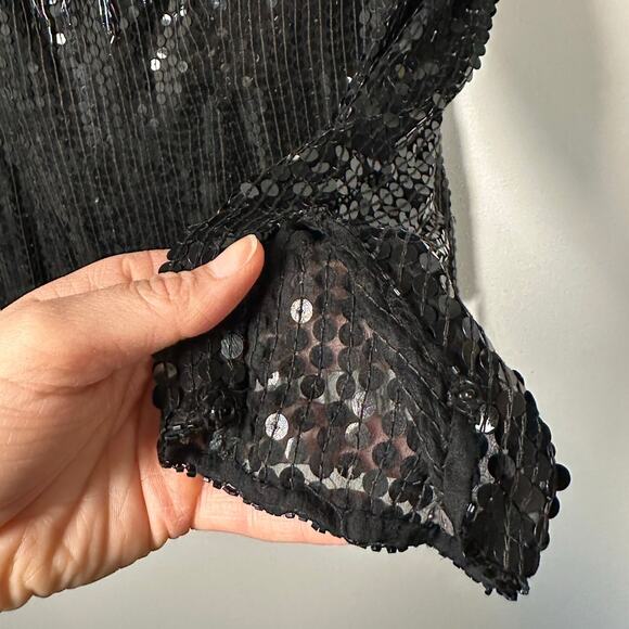 Vintage Swee Lo Black Sequins Beaded Fringe 100% Silk Blouse Women's Medium - Picture 6 of 8